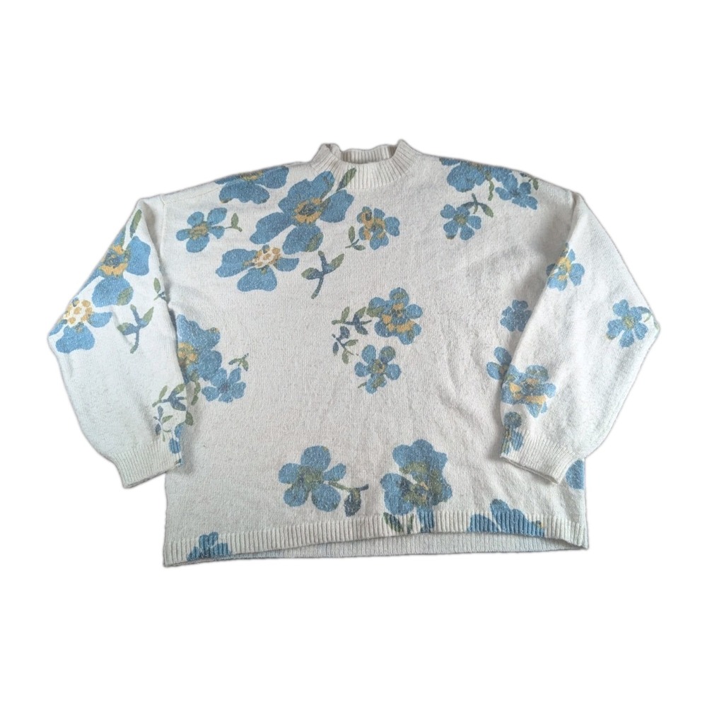 LOFT Floral Sweater XL Blue White Mock Neck Soft Knit Oversized Cottagecore Cozy